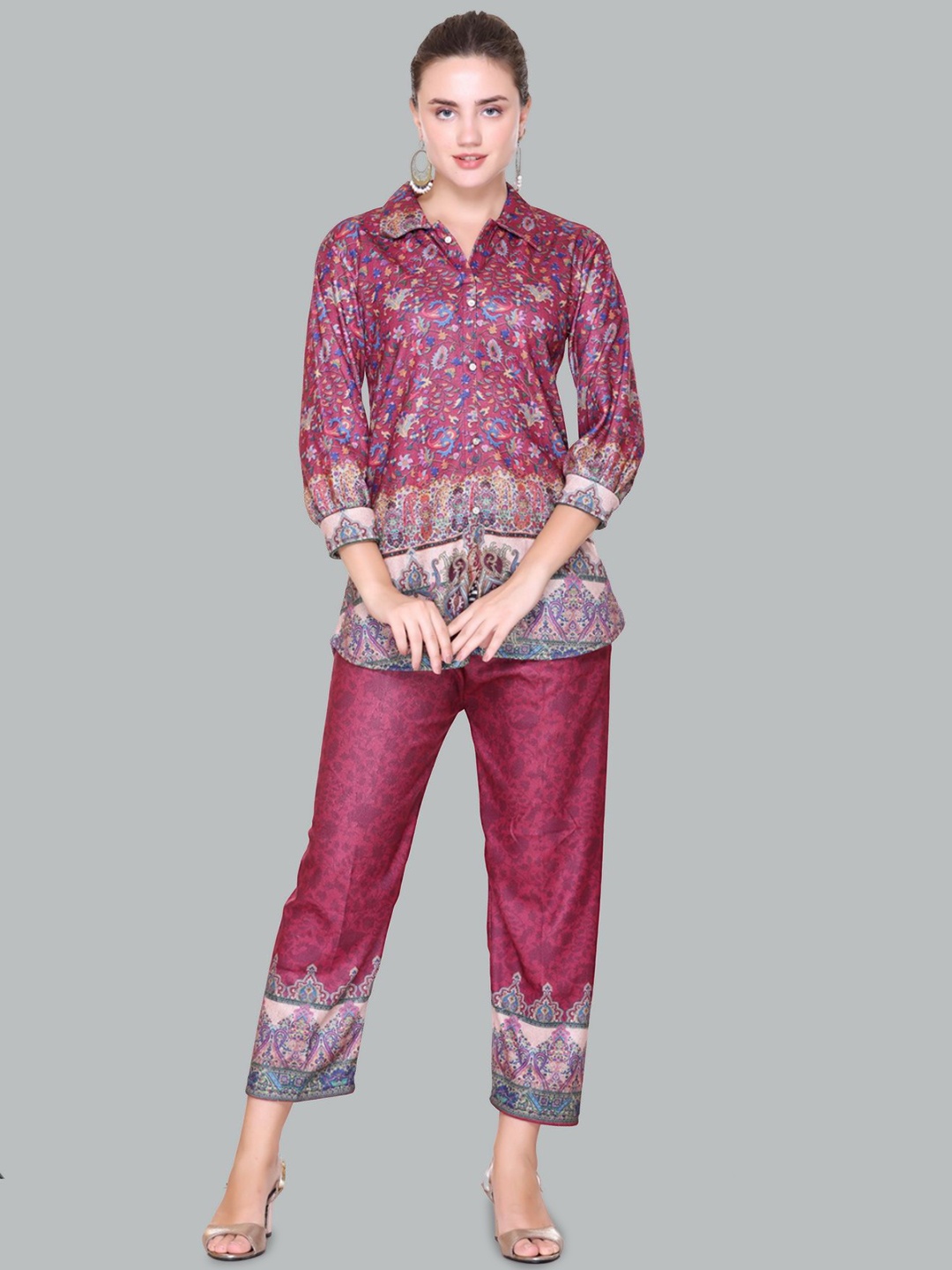 

Pink Berry Floral Printed Shirt Collar Shirt With Trousers, Red