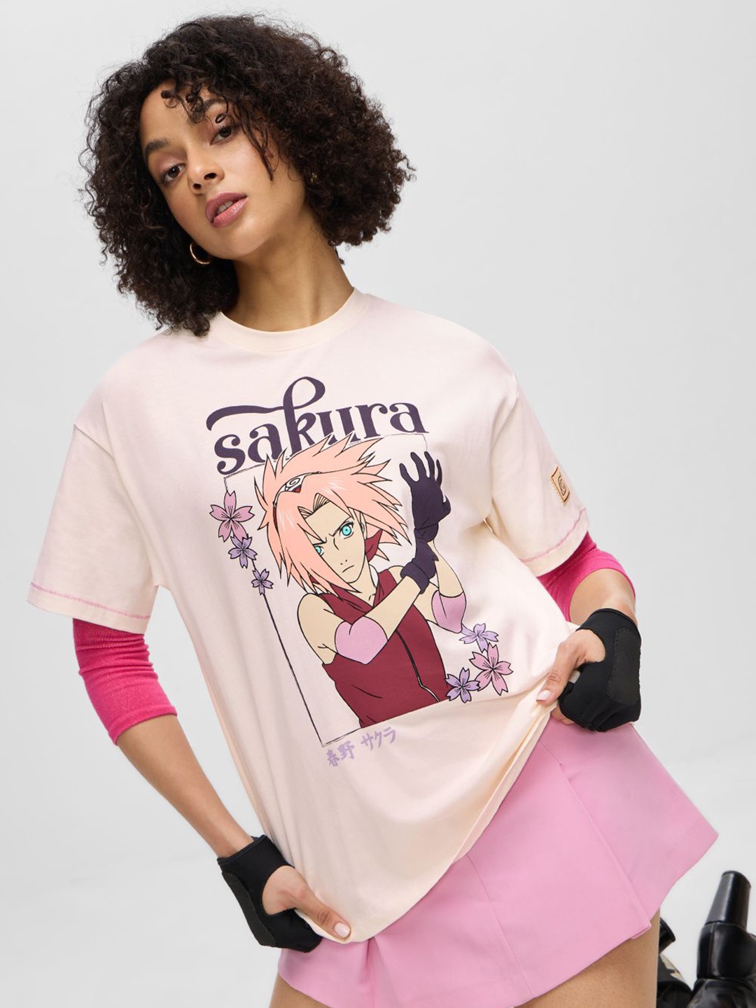 

The Souled Store Women Graphic Printed Round Neck Cotton Oversized T-shirt, Peach
