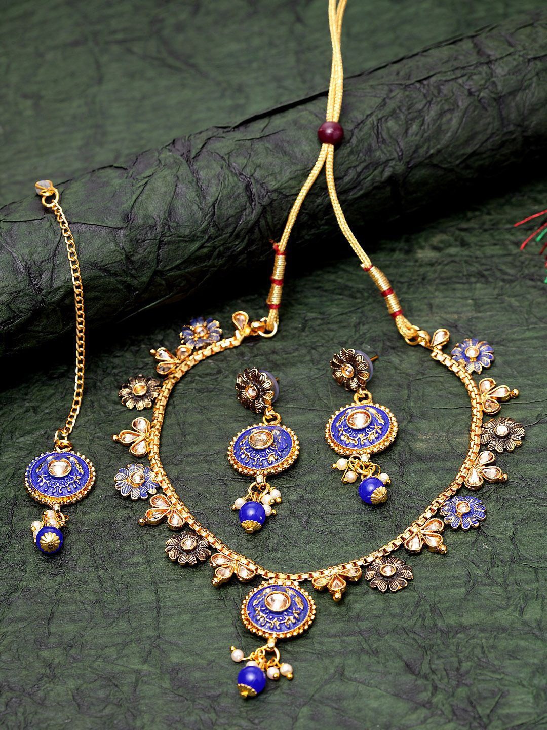 

Anouk Purple Gold-Plated Artificial Stone Studded Chokar With Earrings & Maang Tika