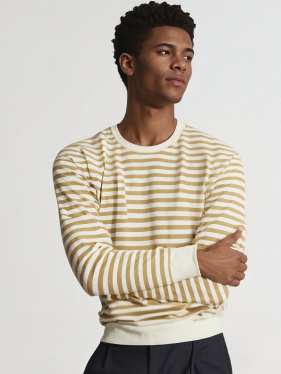 

MACK JONNEY Men Striped Extended Sleeves Pockets T-shirt, Tan