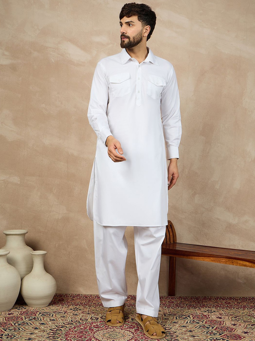 

NABIA Shirt Collar Straight Pure Cotton Kurta With Pyjamas, White