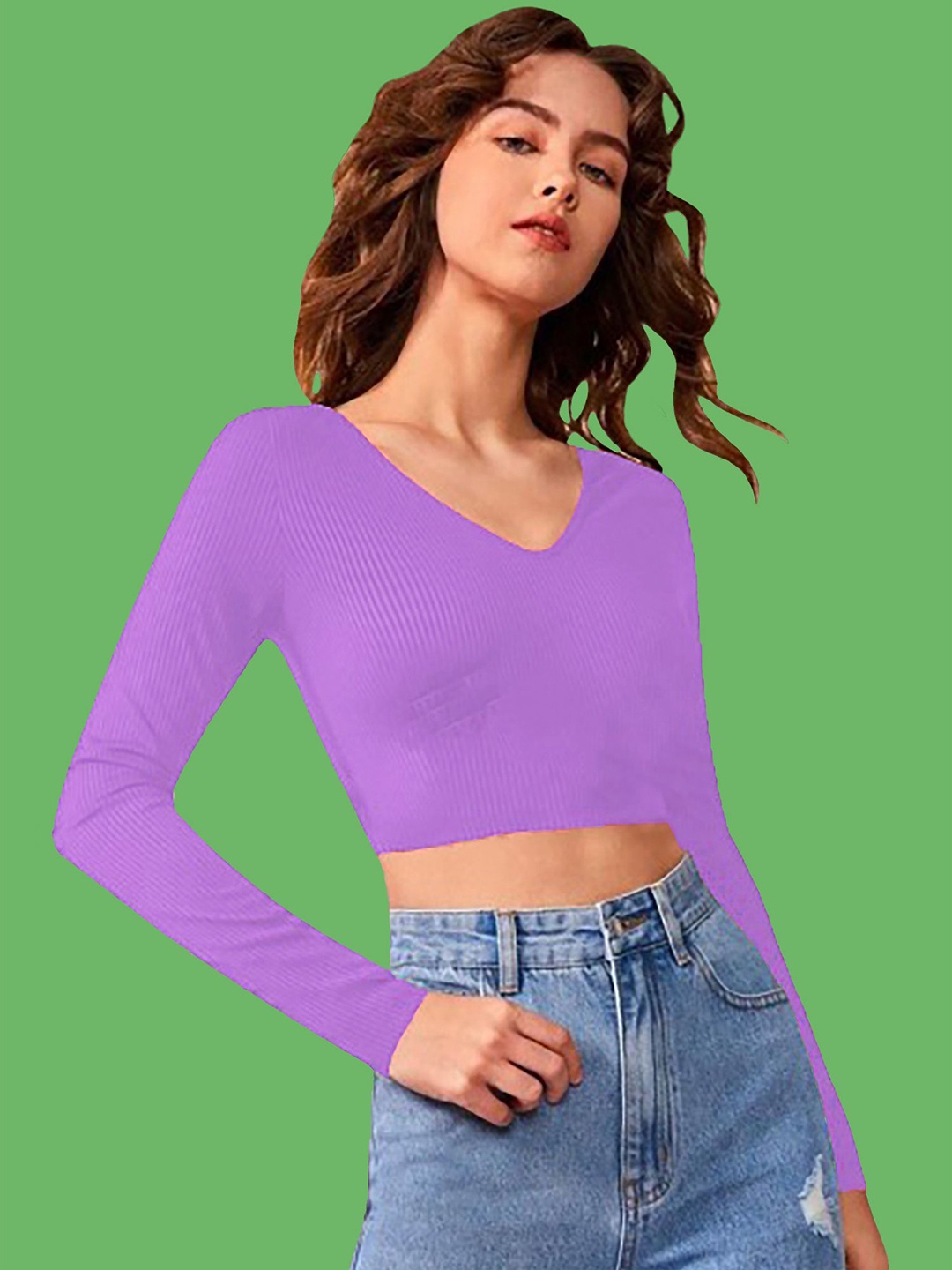 

Dream Beauty Fashion Solid V-Neck Long Sleeves Crop Top, Lavender