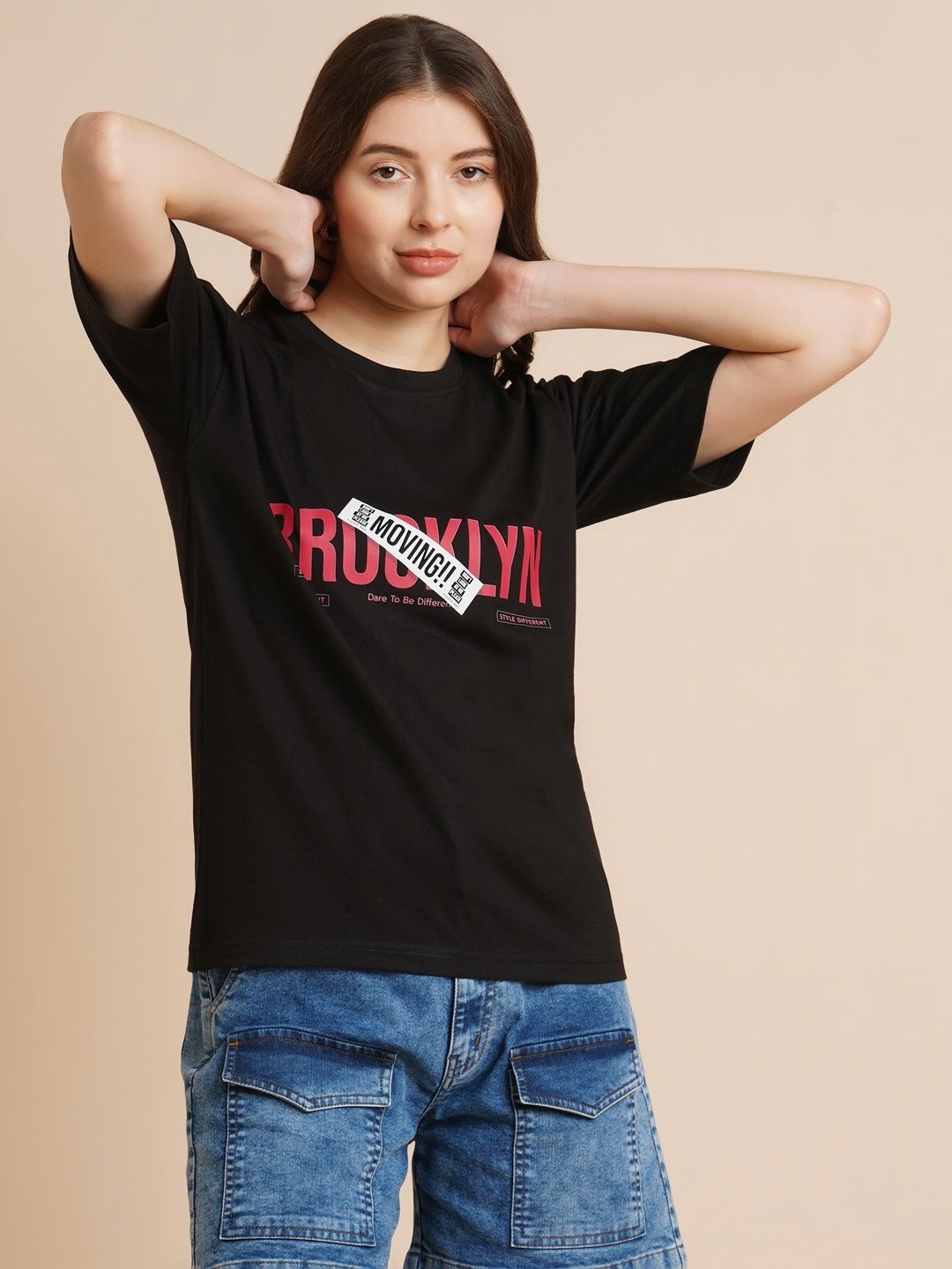 

ANJIR Women Typography Printed Round Neck Oversized T-shirt, Black