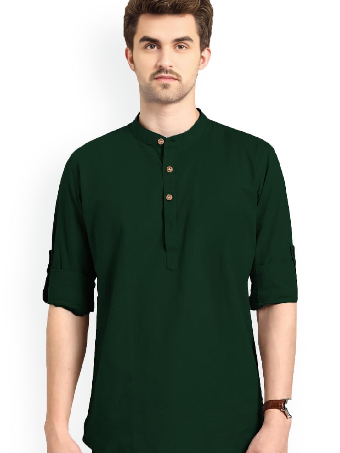

Vida Loca Band Collar Rolled-Up Sleeves Pure Cotton Slim Fit Straight Short Kurta, Green