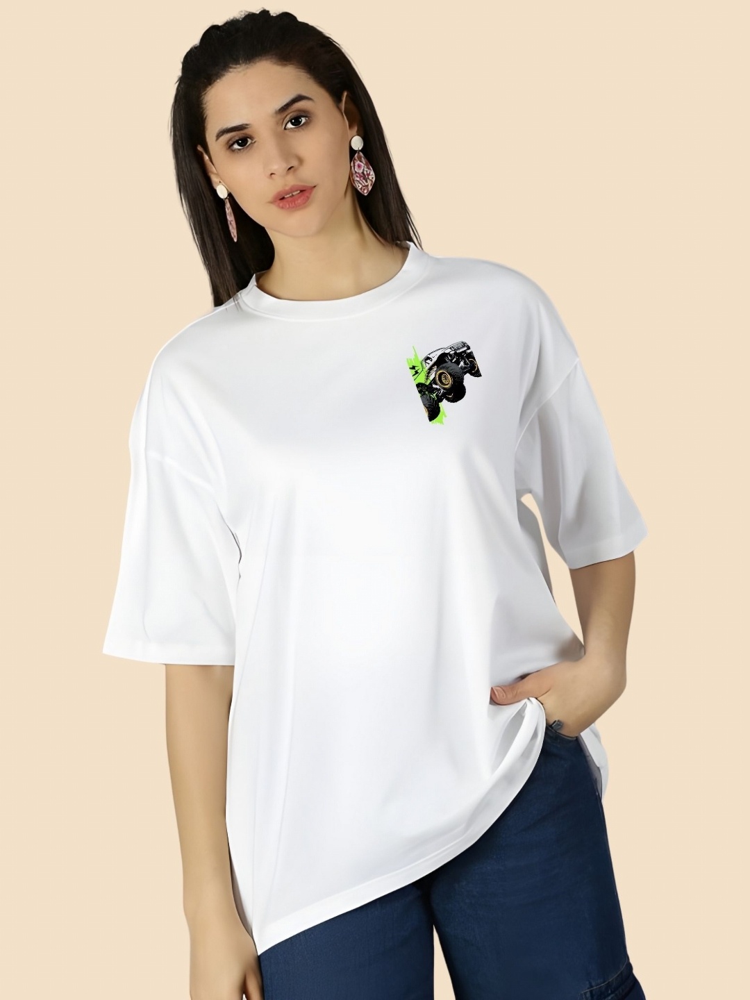 

SZN Women Graphic Printed Round Neck Cotton Oversized T-shirt, White