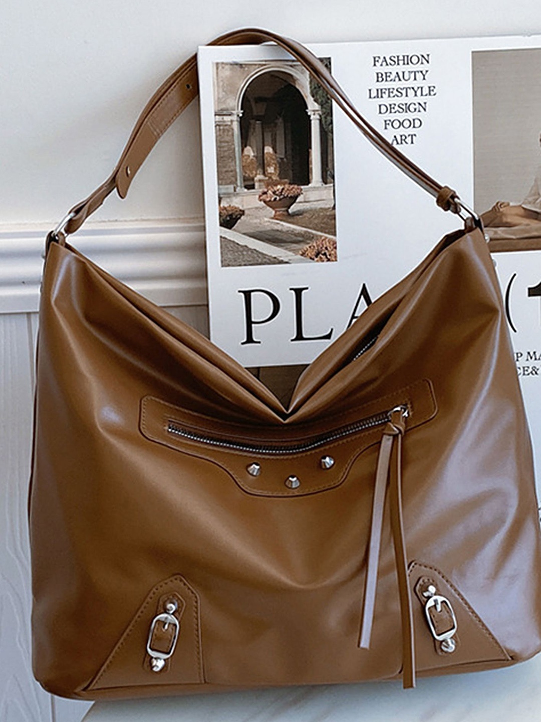 

LULU & SKY PU Oversized Structured Hobo Bag with Tasselled, Brown