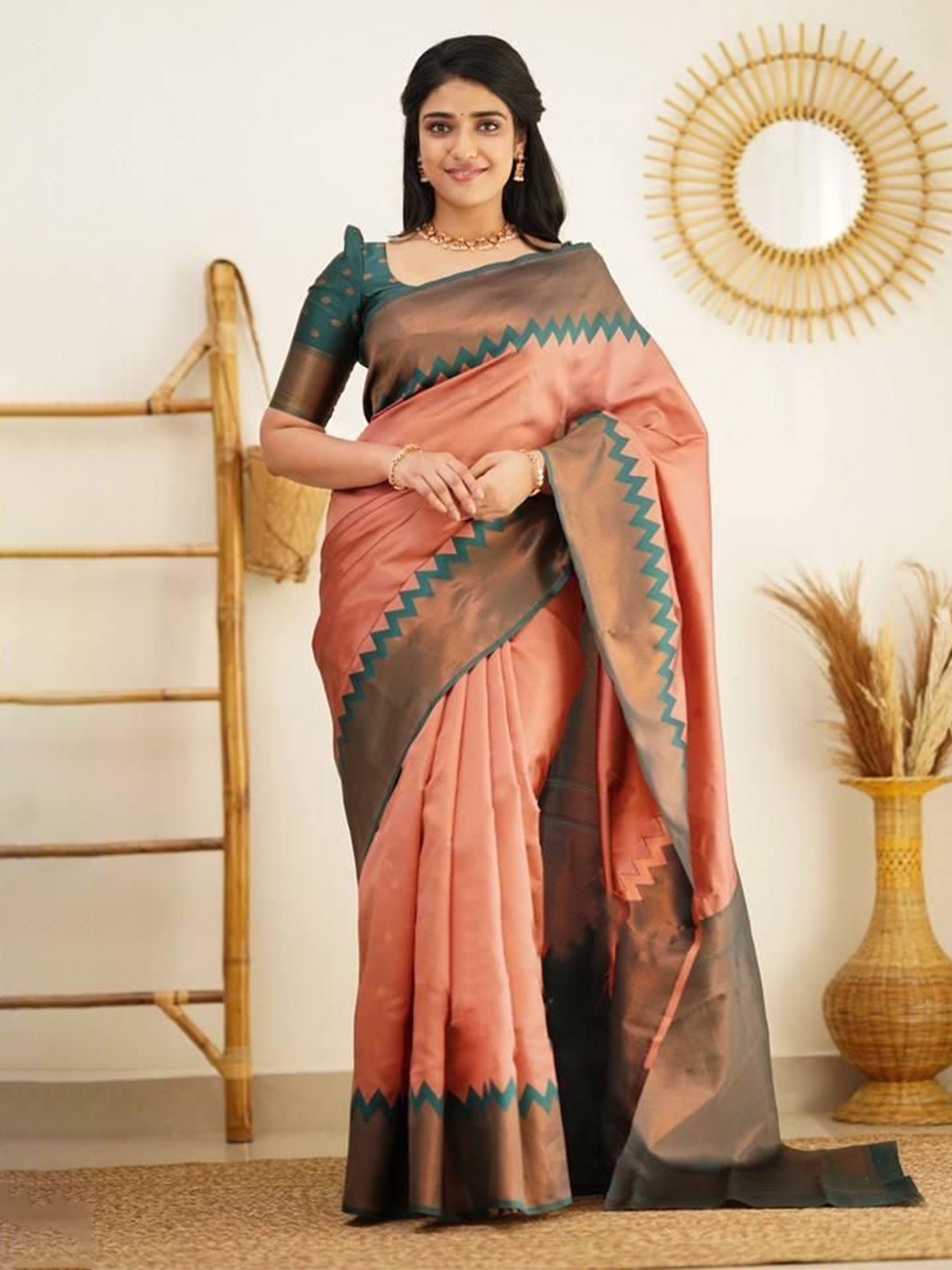 

Aika Woven Design Zari Pure Silk Banarasi Saree, Peach