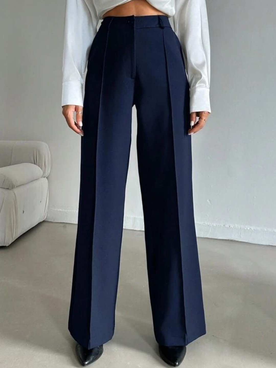 

BROADSTAR Women Smart Straight Fit High-Rise Easy Wash Pleated Trousers, Navy blue