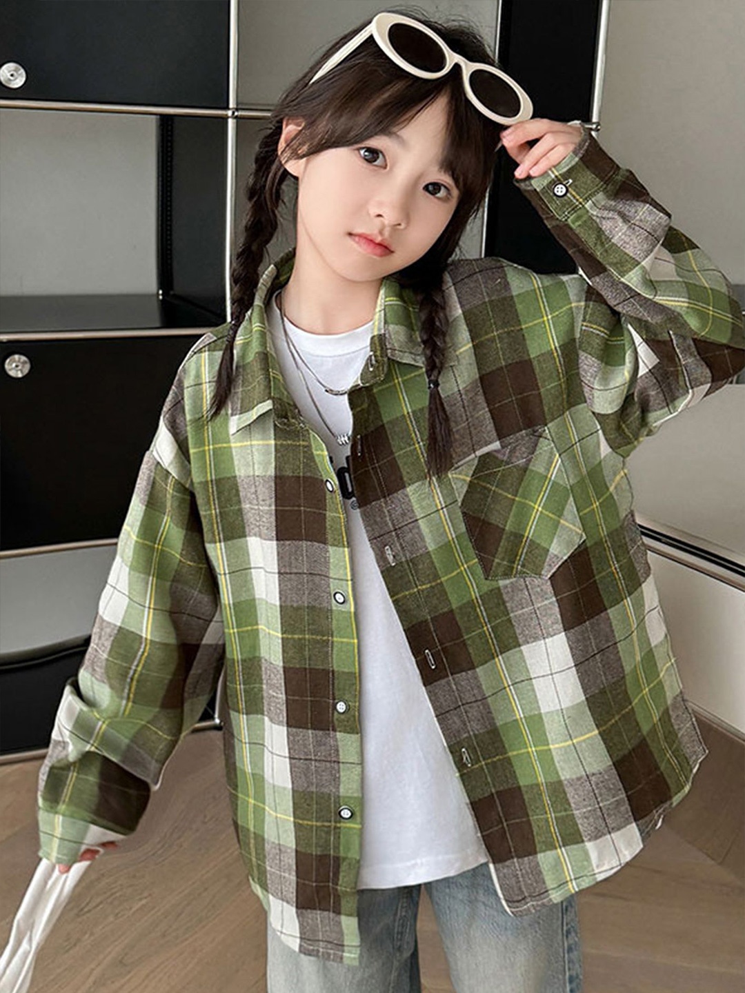 

LULU & SKY Checked Shirt Style Top, Green