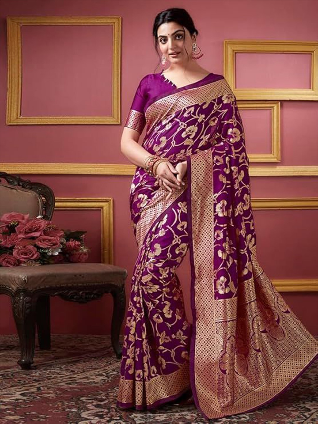 

Florence Woven Design Zari Pure Silk Kanjeevaram Saree, Burgundy