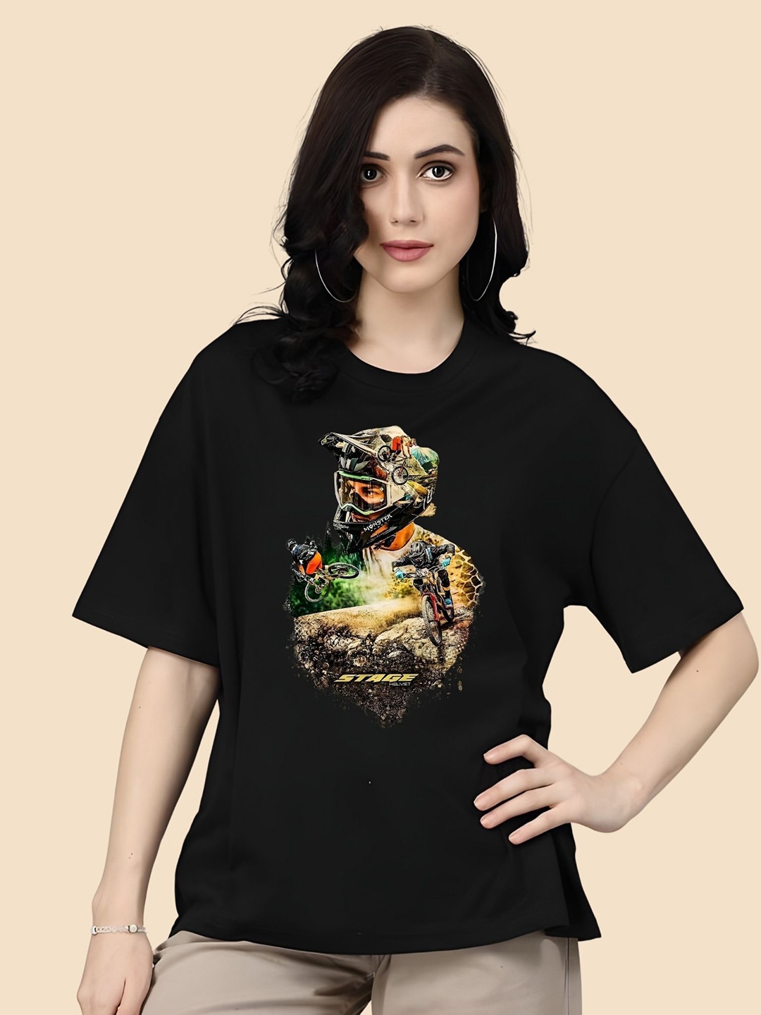 

SZN Women Graphic Printed Round Neck Cotton Oversized T-shirt, Black