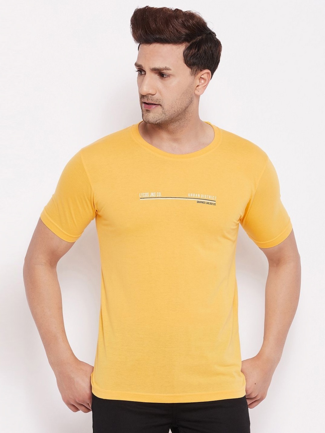 

LYCOS Men Typography Printed Round Neck Cotton T-shirt, Yellow