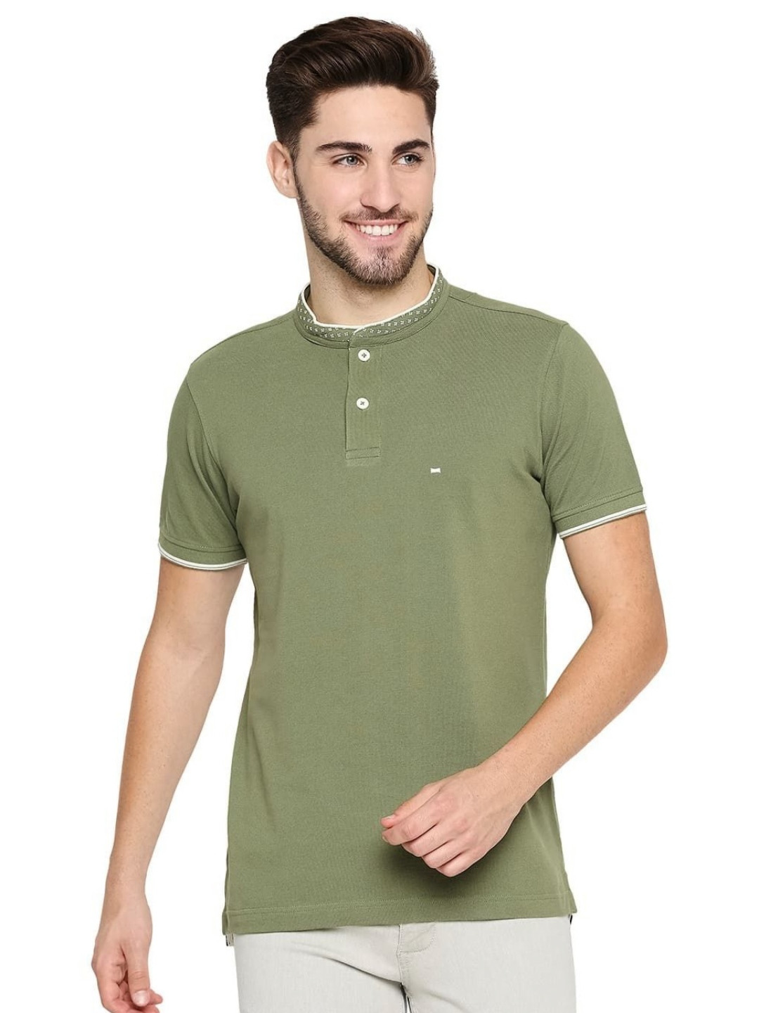 

Basics Men Solid Mandarin Collar Cotton T-shirt, Olive