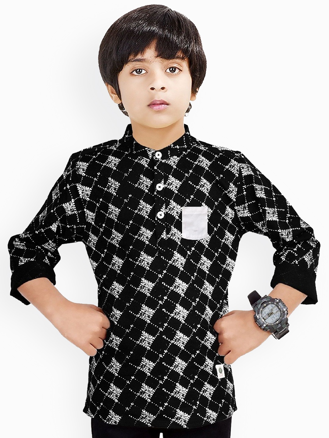 

MADE IN THE SHADE Boys Geometric Printed Band Collar Pure Cotton Kurta, Black