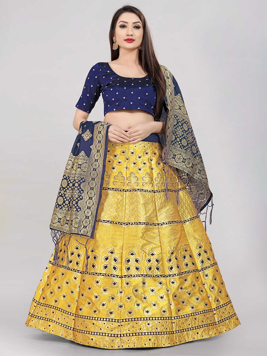 

DIVASTRI Woven Design Zari Semi-Stitched Lehenga & Unstitched Blouse With Dupatta, Navy blue
