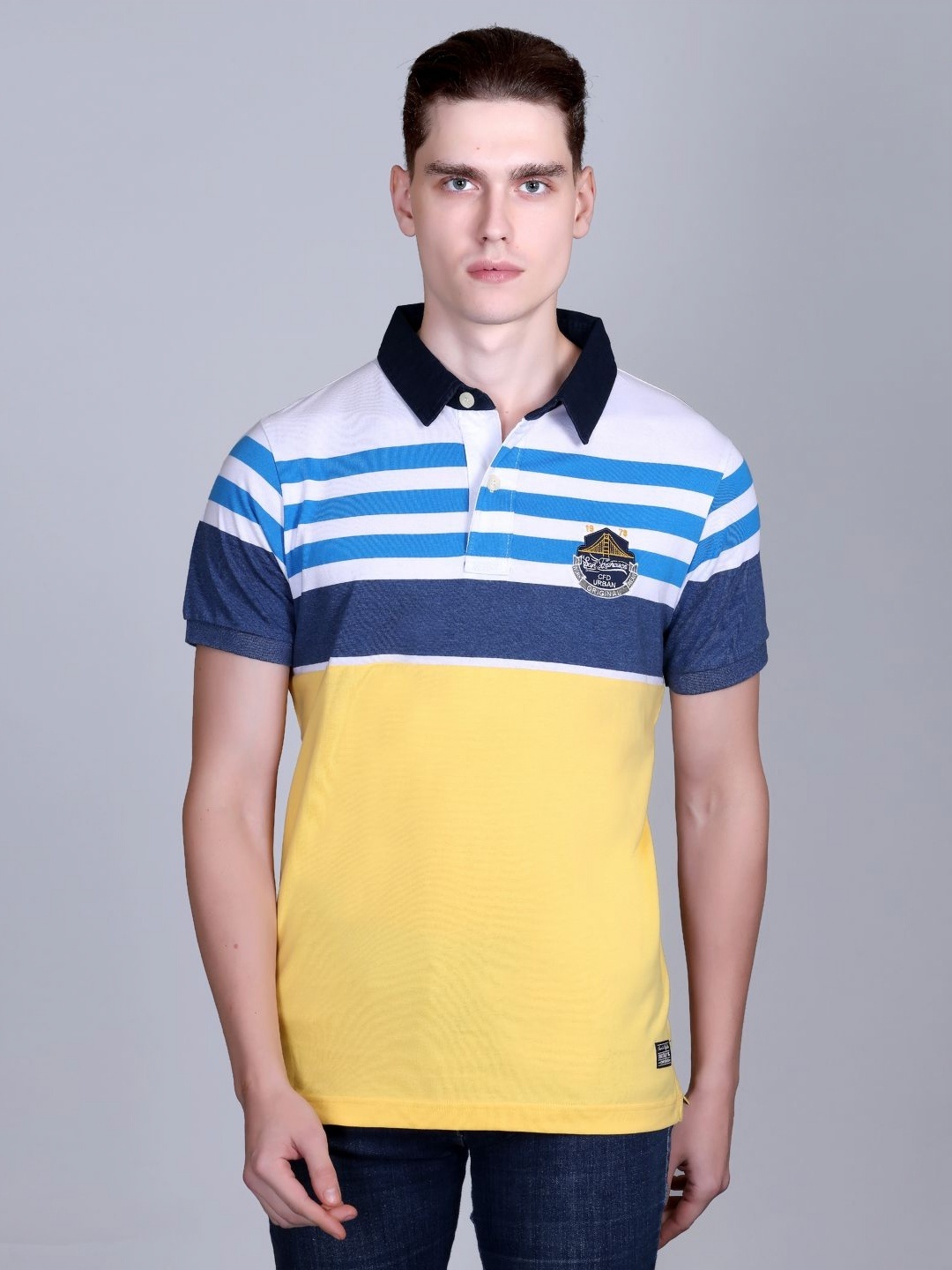 

CONFIDENCE Men Striped Polo Collar Cotton Slim Fit T-shirt, Yellow