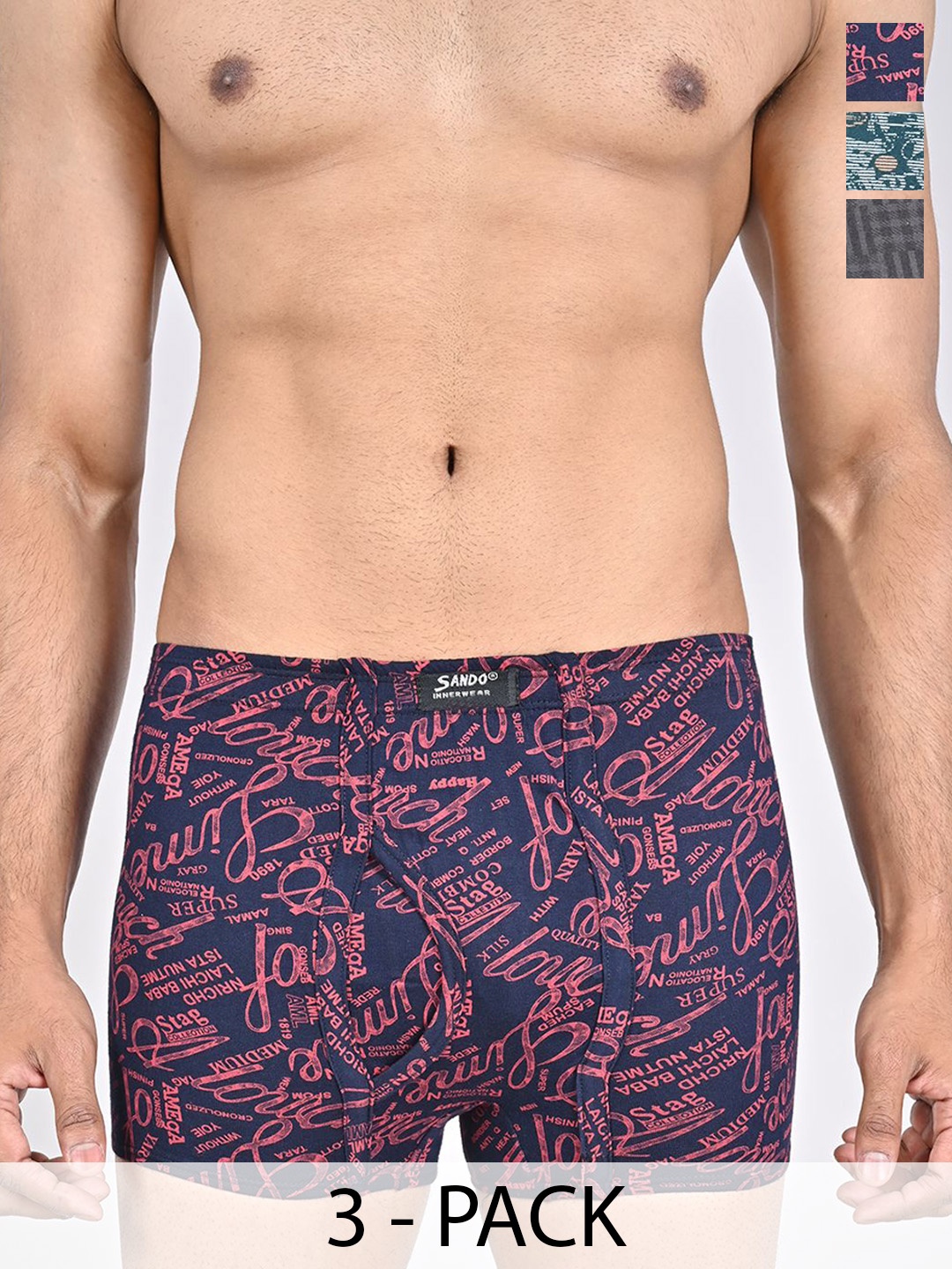 

SANDO Pack Of 3 Printed Cotton Outer Elastic Trunks GENIUS-02-03-09, Green