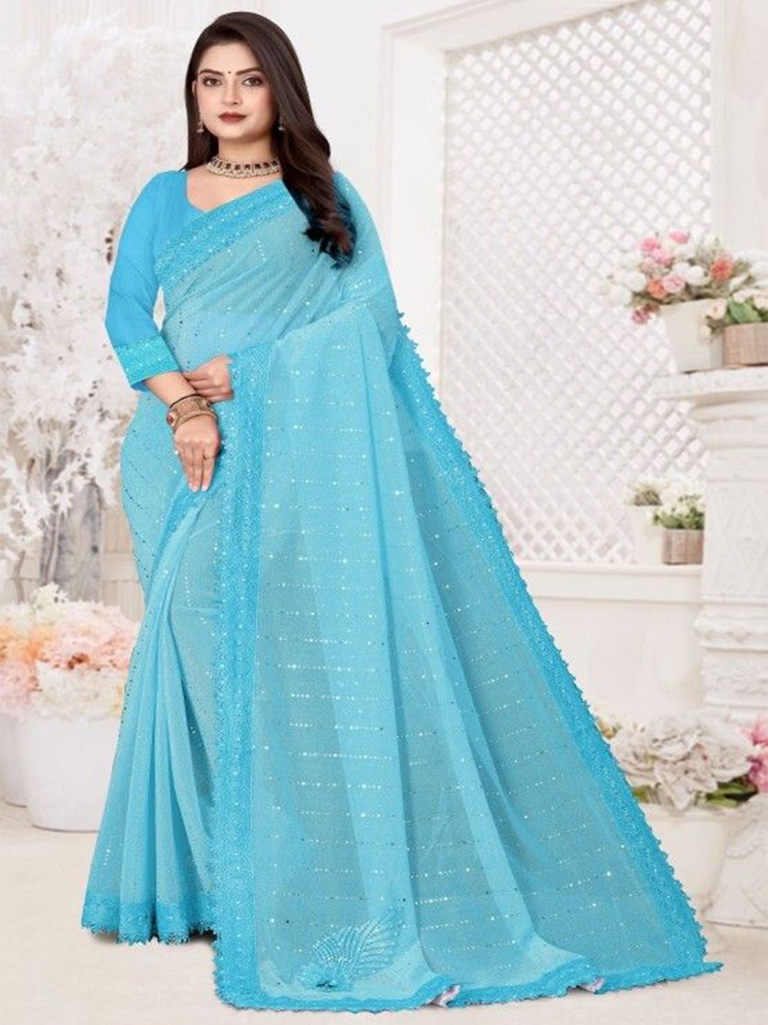

A TO Z CART Embellished Mirror Work Saree, Turquoise blue