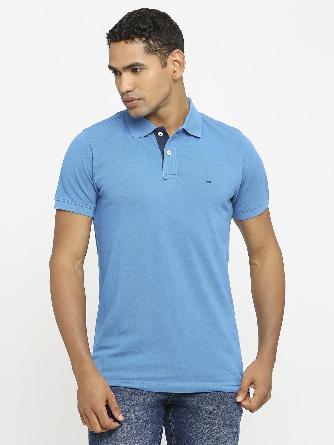 

Basics Men Solid Polo Collar Cotton T-shirt, Blue