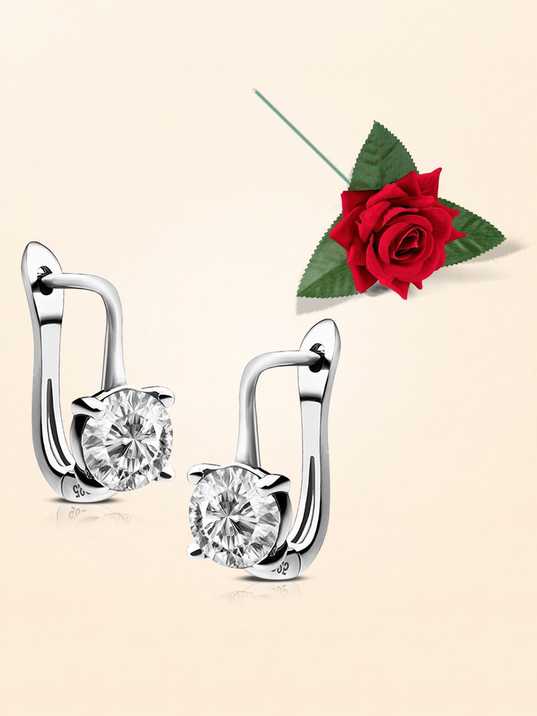 

Peora Silver-Plated Cubic Zirconia Studded Contemporary Hoop Earrings With Red Rose