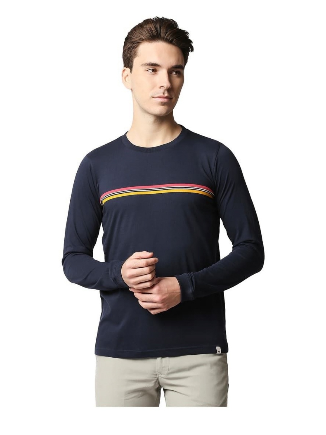 

Basics Men Striped Round Neck Cotton Slim Fit T-shirt, Navy blue