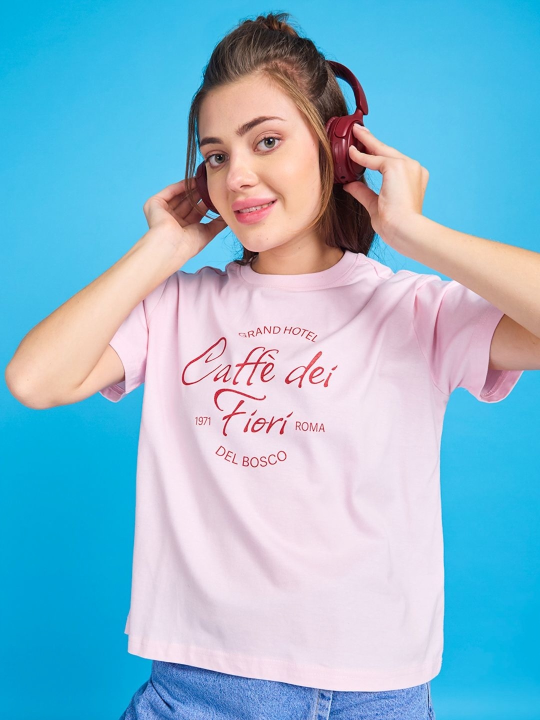 

Mast & Harbour Women Typography Printed Round Neck Cotton Oversized T-shirt, Pink