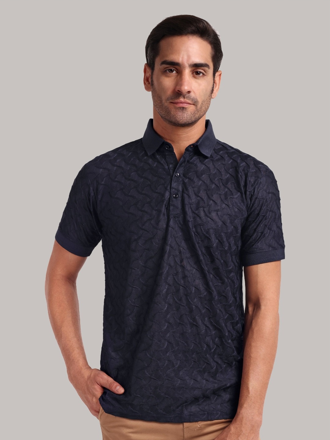 

Moda Rapido Men Self Design Polo Collar Cotton T-shirt, Navy blue