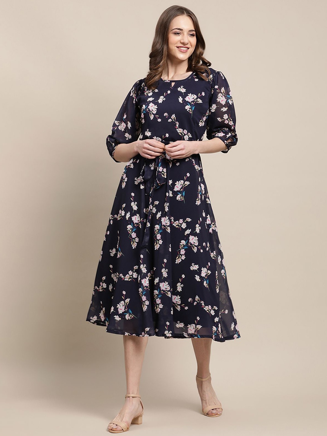 

Tromko Floral Printed Tie-Ups Detail Georgette Fit & Flare Midi Dress, Navy blue