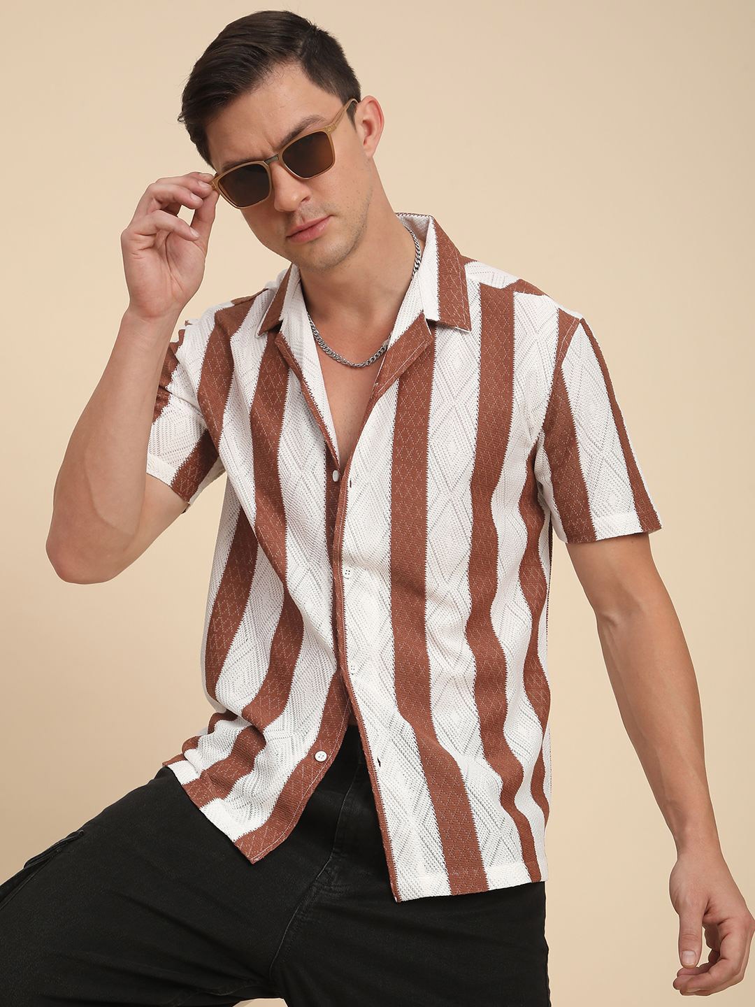 

Voroxy Men Relaxed Opaque Striped Casual Shirt, Brown