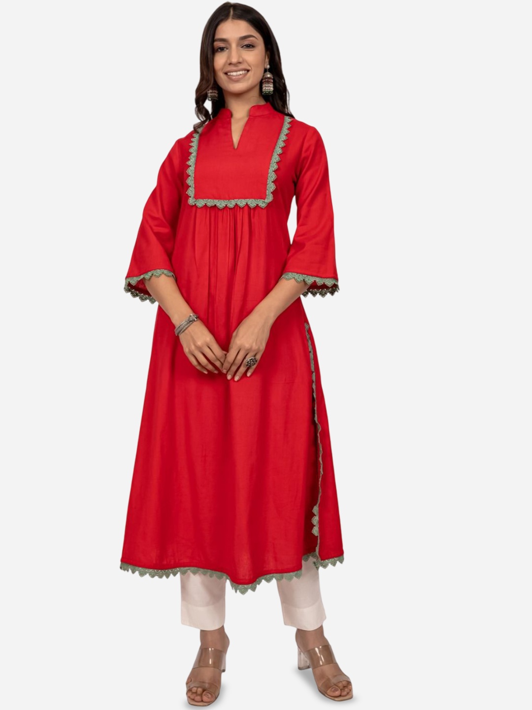 

INDIE JHOLA Pleated V-Neck Pure Cotton A-Line Kurta, Red