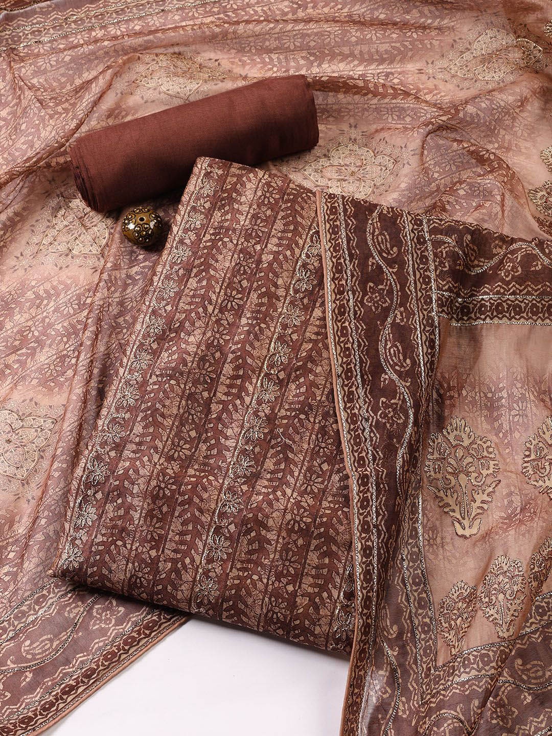 

Meena Bazaar Floral Embroidered Sequinned Chanderi Unstitched Dress Material, Brown