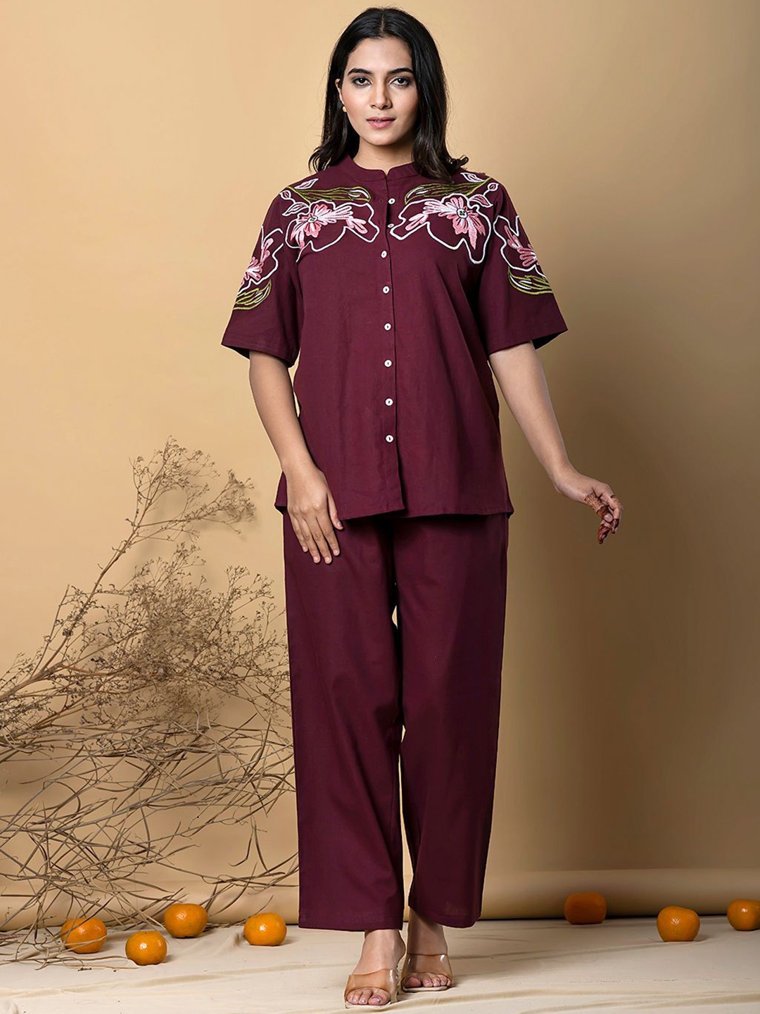 

Readiprint Floral Embroidered Mandarin Collar Shirt With Trouser, Burgundy