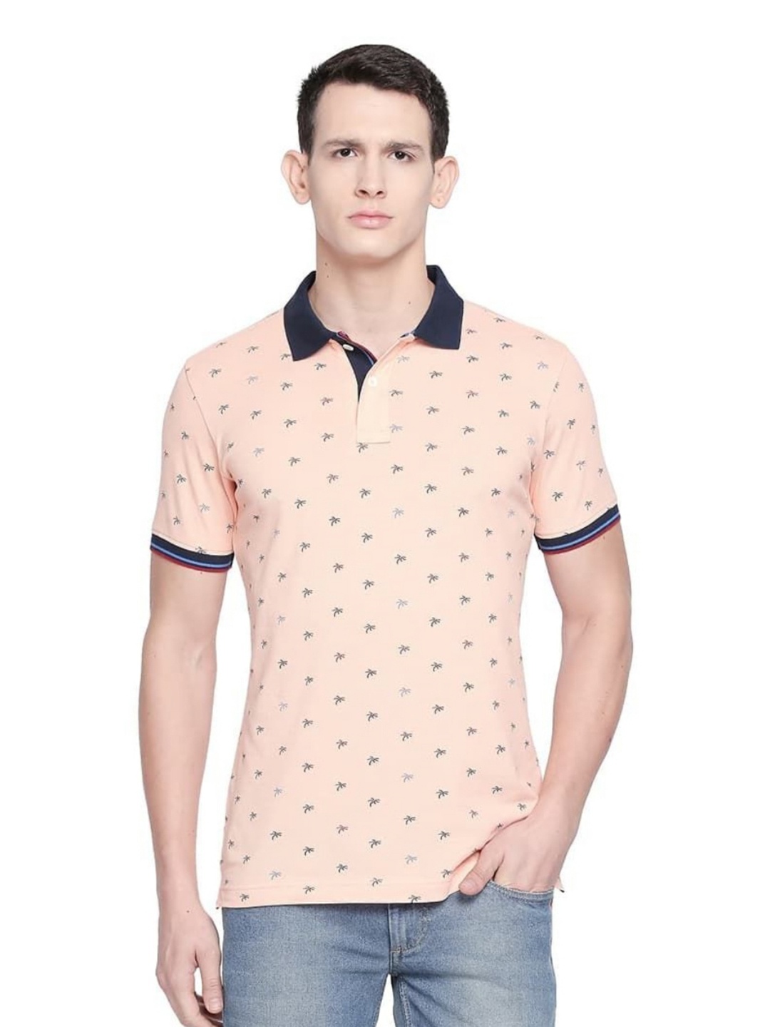 

Basics Men Conversational Printed Polo Collar Cotton T-shirt, Peach