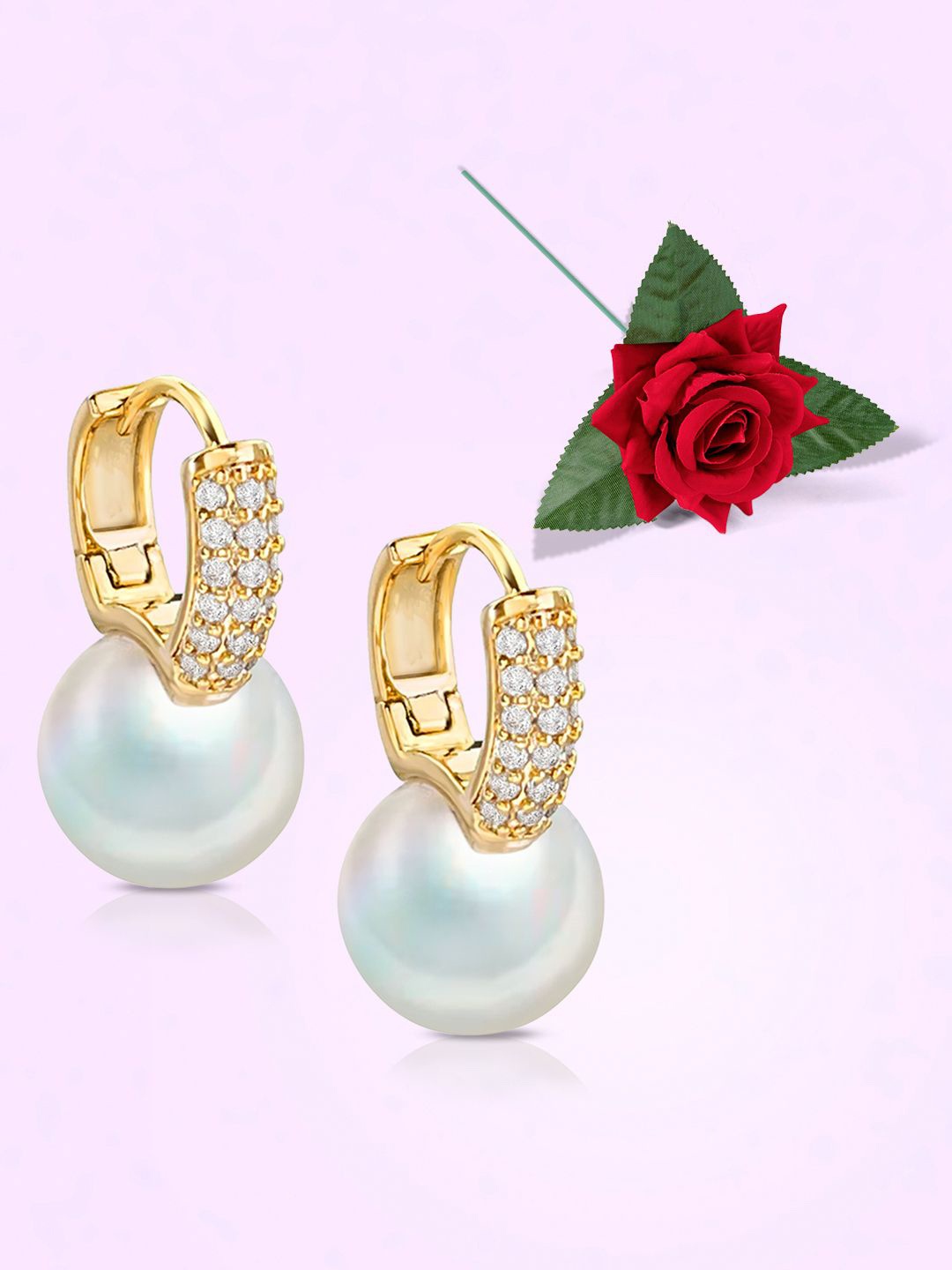 

Peora Gold-Plated Cubic Zirconia Studded & Pearls Contemporary Drop Earrings With Red Rose