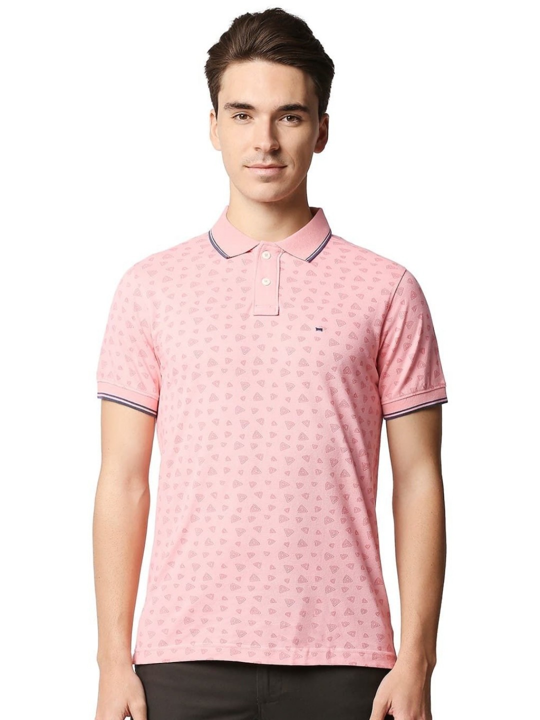 

Basics Men Geometric Printed Polo Collar Cotton T-shirt, Pink
