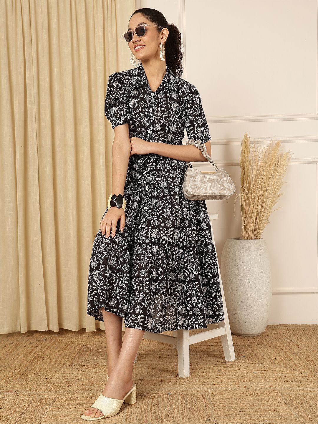 

KALINI Floral Print Puff Sleeve Pure Cotton Fit & Flare Midi Dress, Black