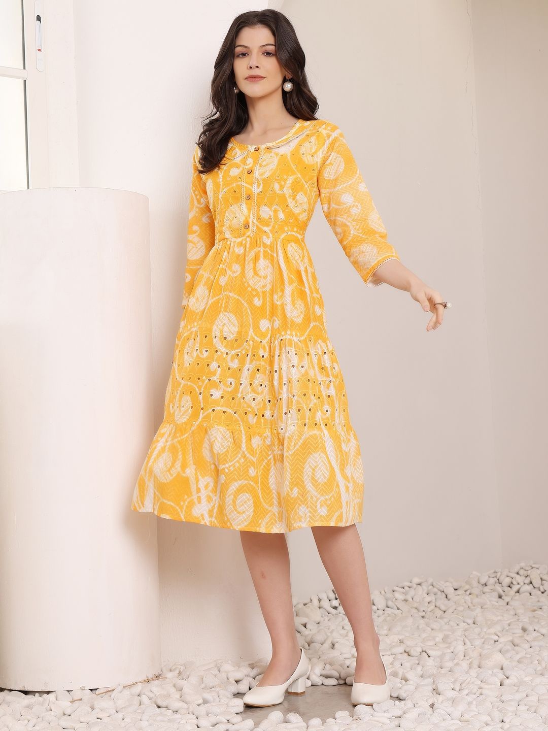 

all about you Women Floral Printed Schiffli Tiered Cotton Fit & Flare Dress, Yellow