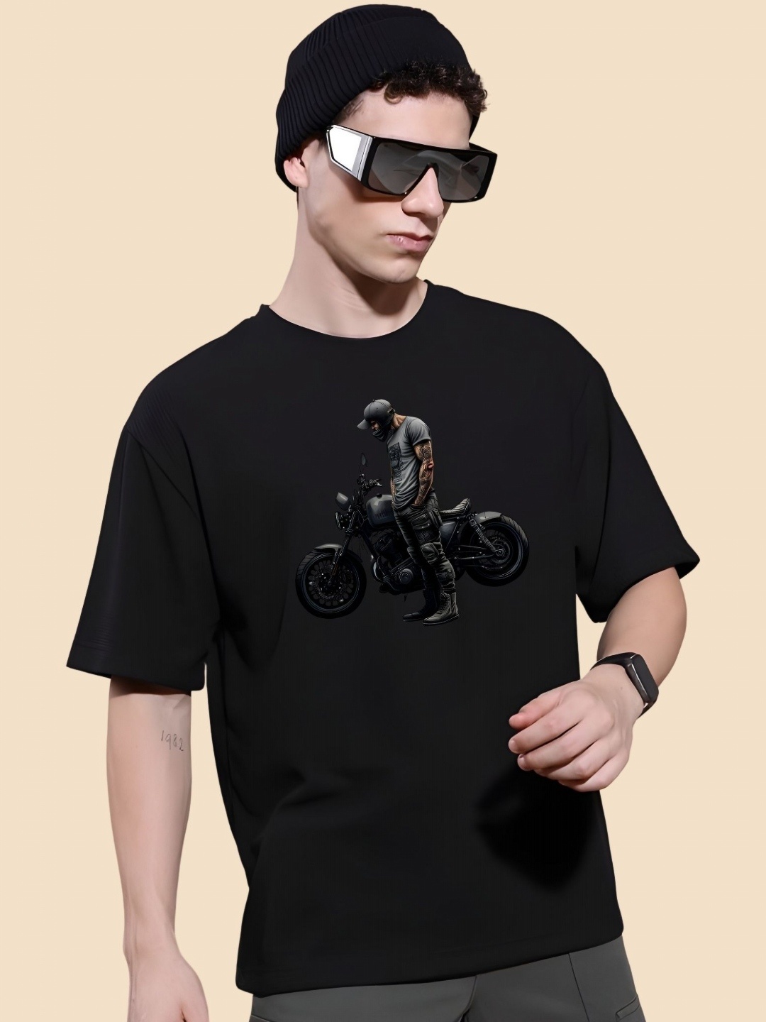 

SZN Men Graphic Printed Round Neck Cotton Oversized T-shirt, Black