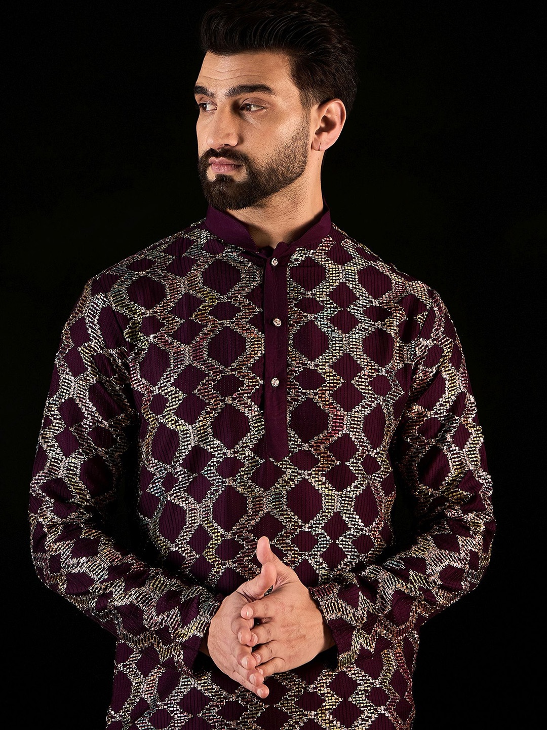 

Anouk Magenta Geometric Gotta Patti Embroidered Mandarina Collar straight Kurta
