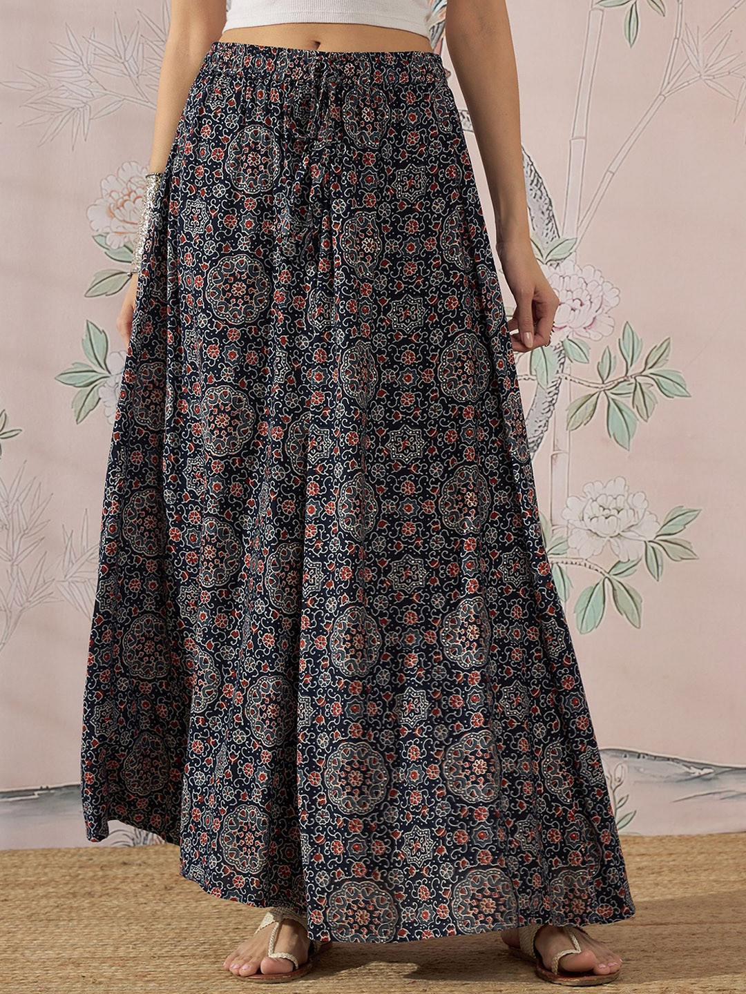 

InWeave Floral Printed Flared Maxi Skirt, Navy blue