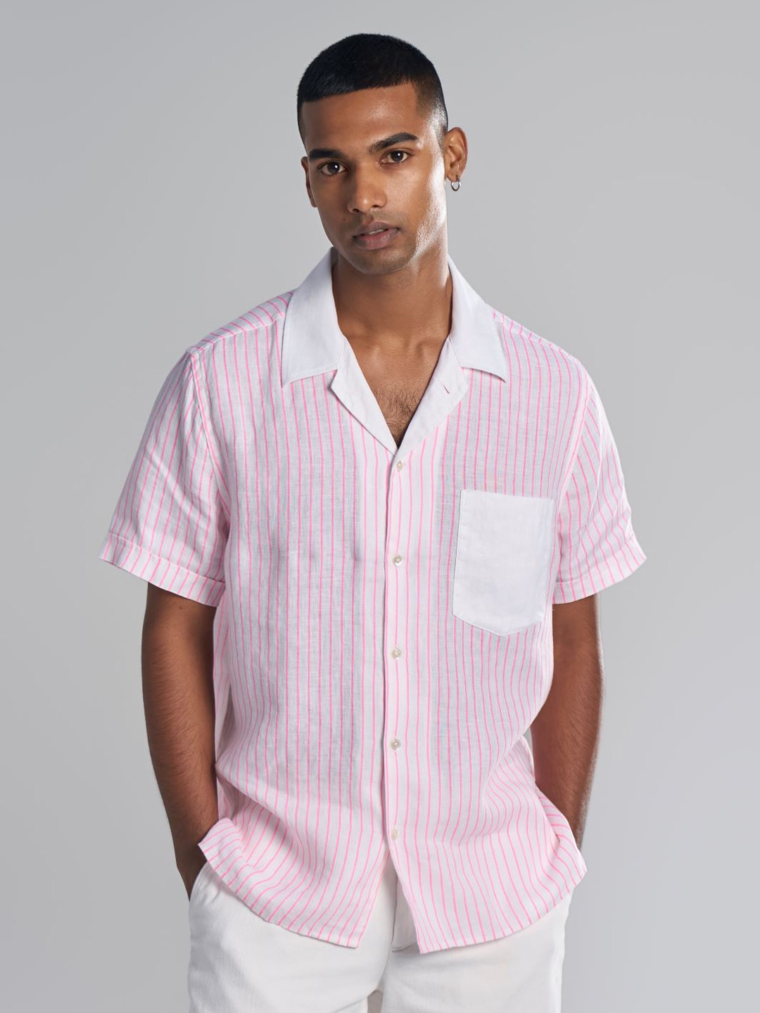 

Terra Luna Men Cuban Collar Vertical Striped Linen Casual Shirt, Multi