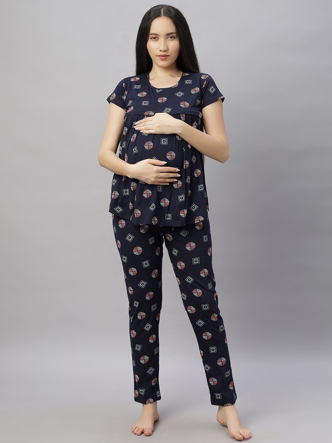 

DZZO Women Printed Night suit, Navy blue