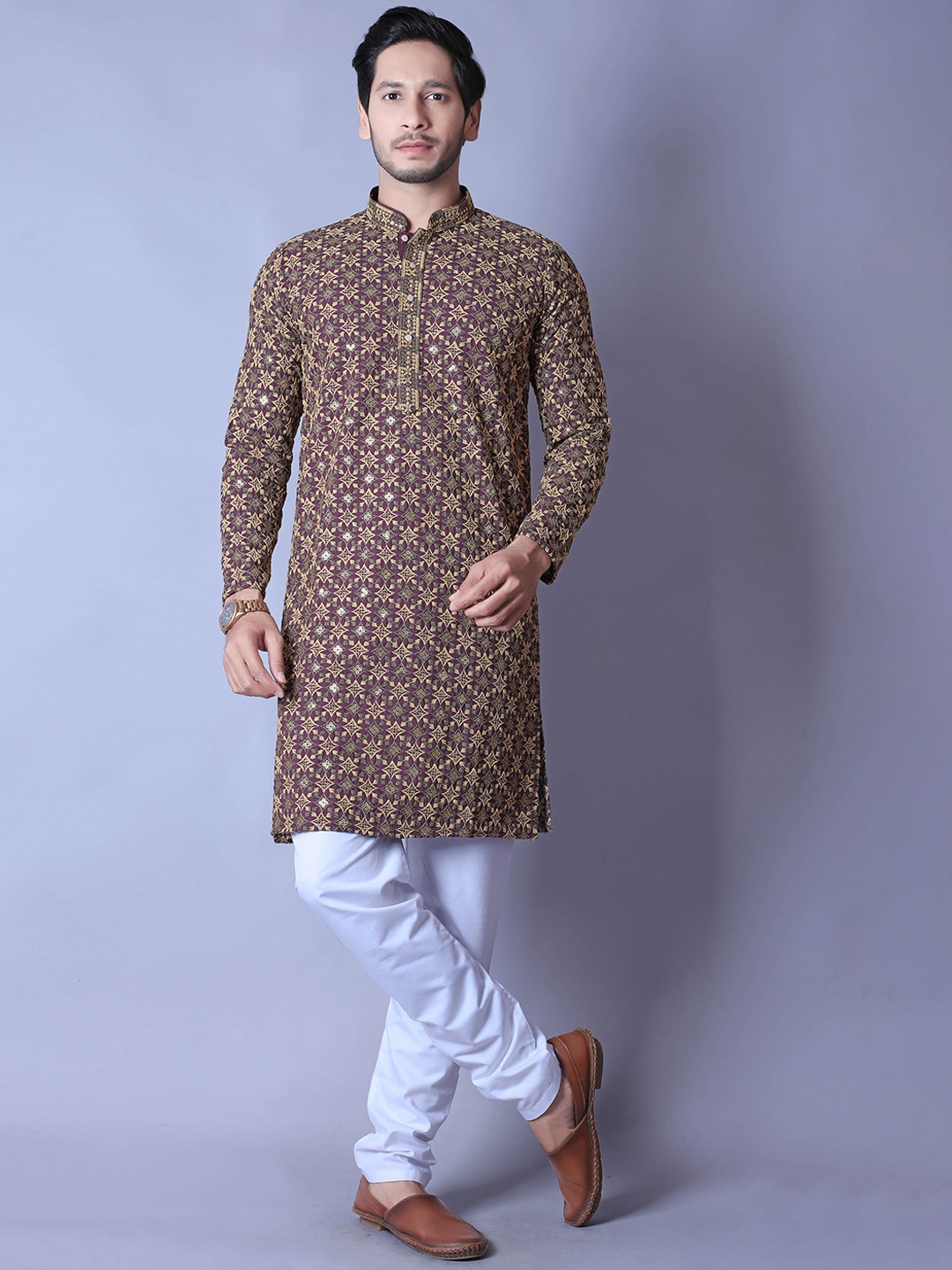 

ALMORA Ethnic Motifs Printed Band Collar Straight Pure Cotton Kurta with Pyjamas, Purple