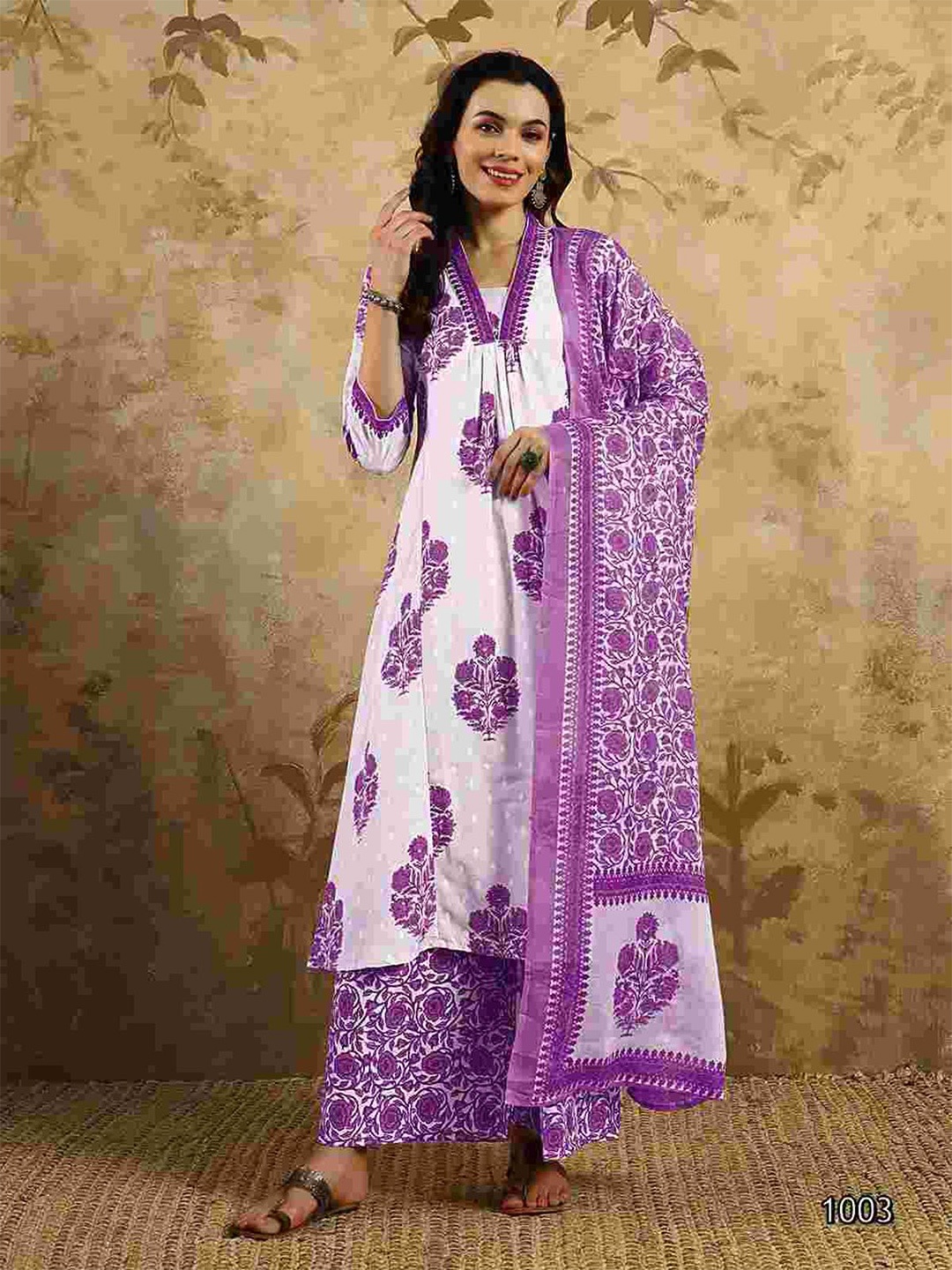 

ODETTE Floral Printed Pleated A-Line Kurta with Trousers & Dupatta, Off white