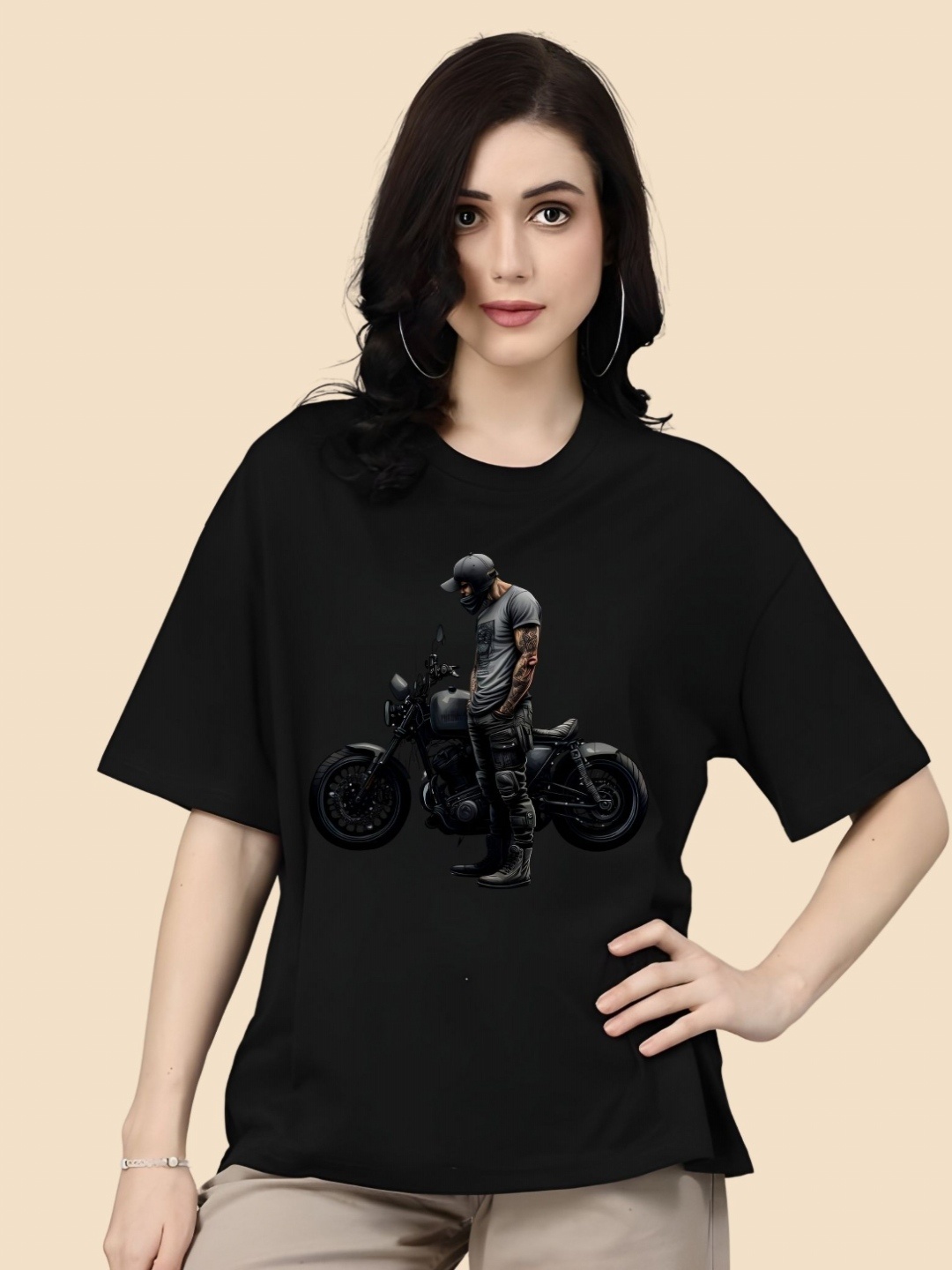 

SZN Women Graphic Printed Round Neck Cotton Oversized T-shirt, Black