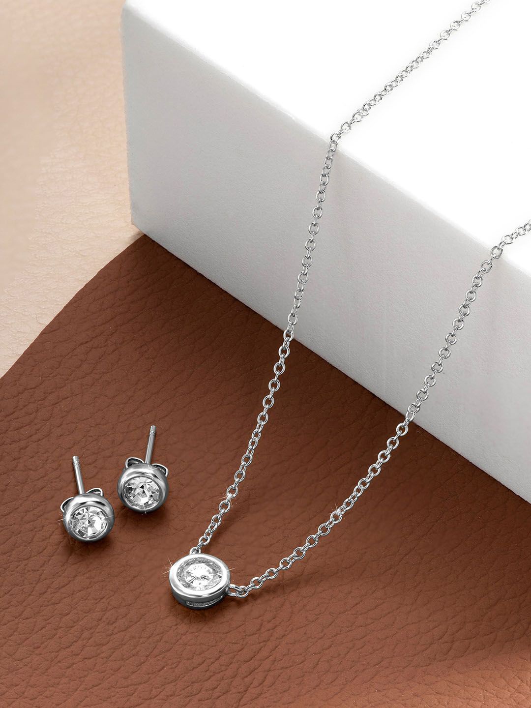 

Peora Silver-Plated Cubic Zirconia Studded Jewellery Set With Red Rose Box