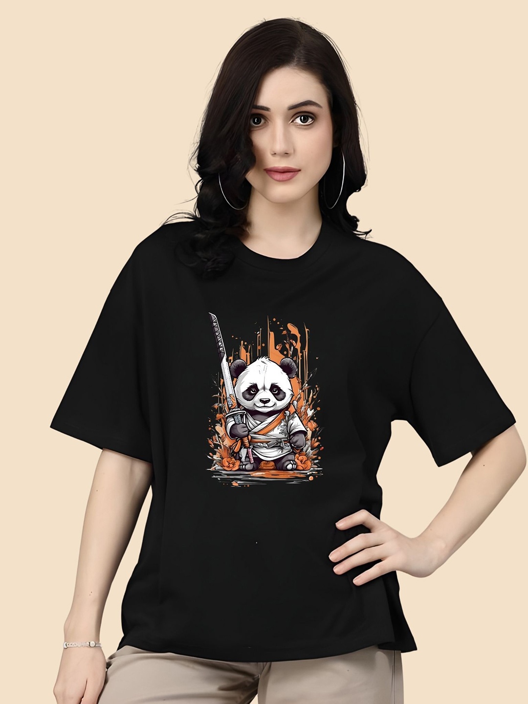 

SZN Women Graphic Printed Round Neck Cotton Oversized T-shirt, Black