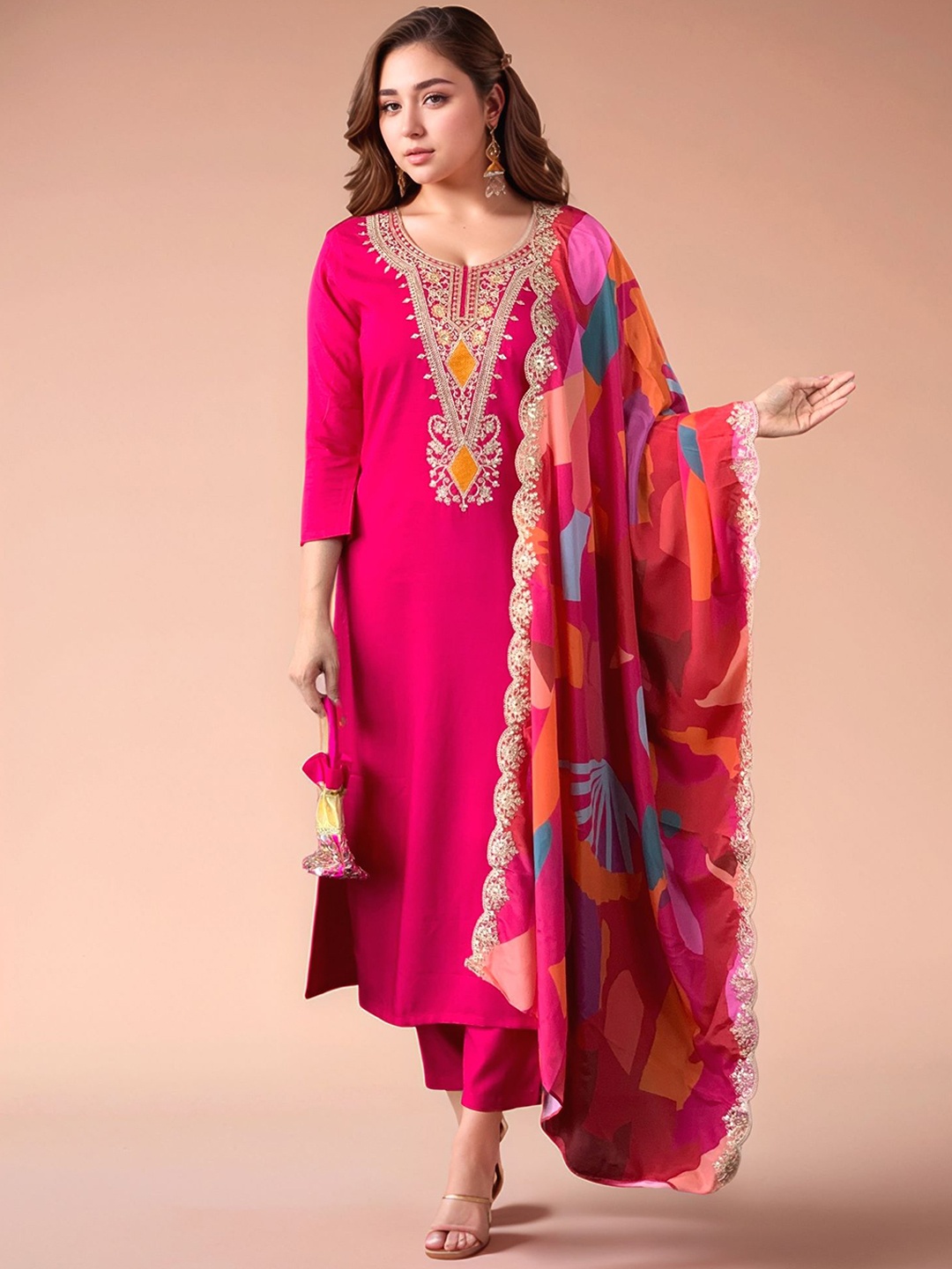 

Siya Fashion Ethnic Motifs Embroidered Straight Kurta With Trousers And Dupatta, Pink