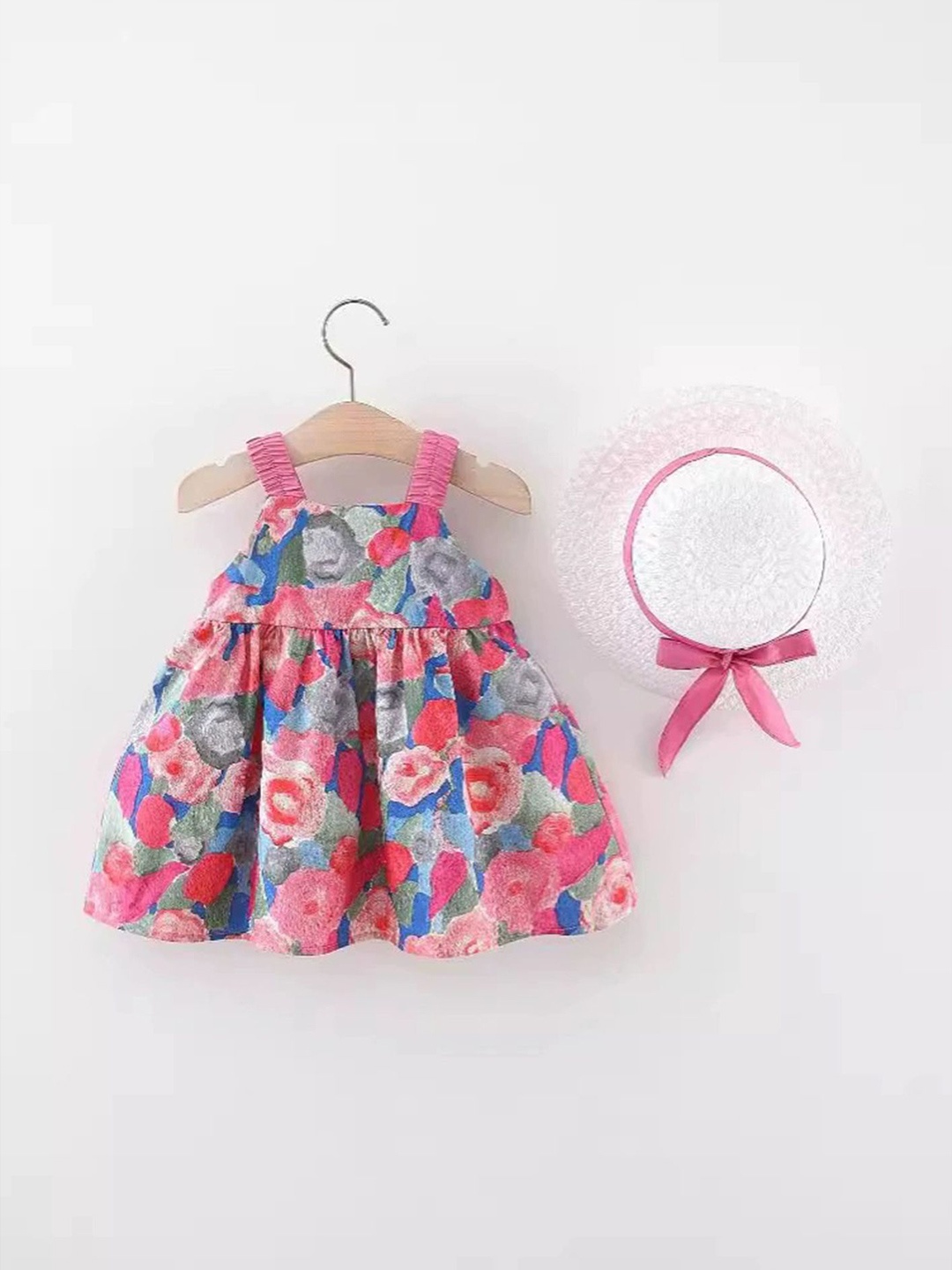 

LULU & SKY Girls Floral Printed Fit & Flare Dress With Hat, Pink