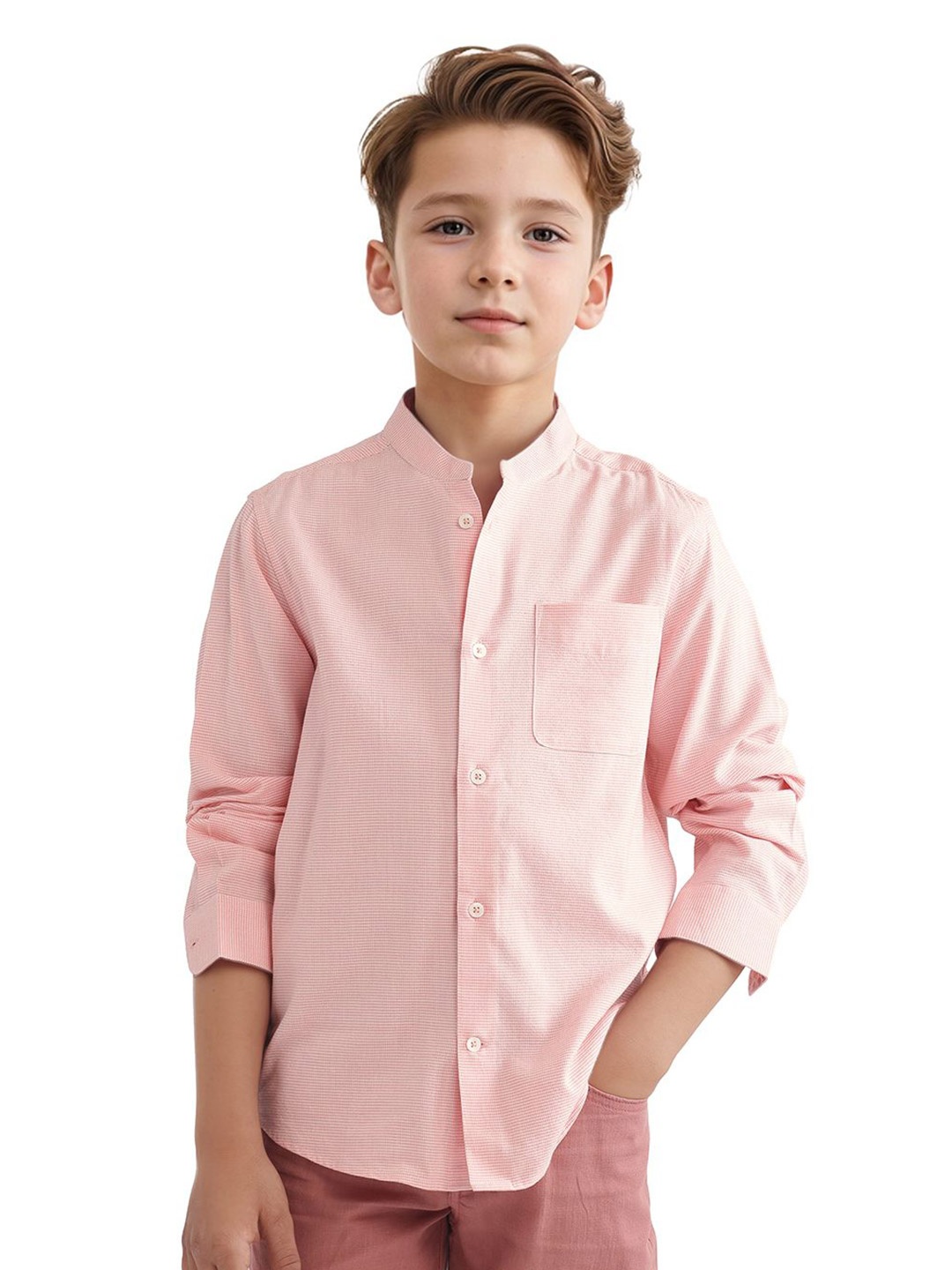 

RARE ONES Boys Band Collar Multi Striped Cotton Casual Shirt, Peach